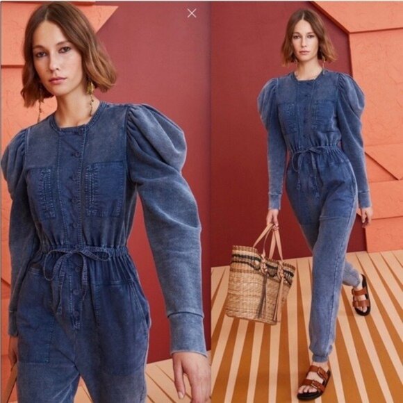 Ulla Johnson Indigo Acid Blue Sadie Puff-Sleeve 6-pocket Banded Cuffs Jumpsuit S - Picture 11 of 13